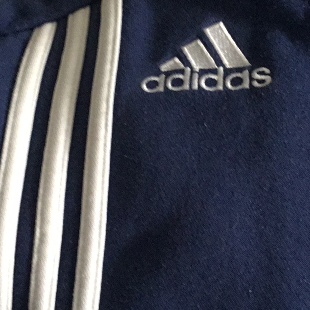 TWO Adidas Nvy/wte lte/blueRetro hoody, long slv, zipper, pockets.  Size Medium